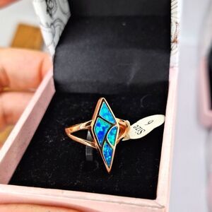 Rose gold opal ring abstract diamond shape opalite ring